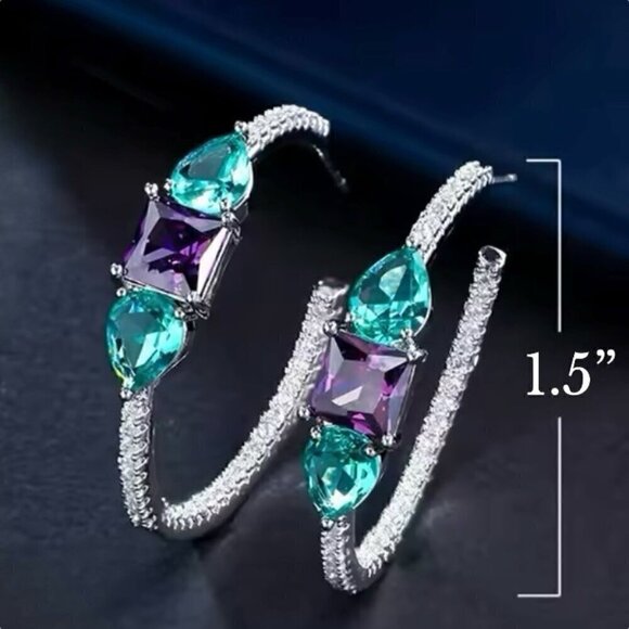 NWT Statement Hoop Earrings 14K Gold Plated Green CZ Purple Green Crystals - Picture 3 of 12